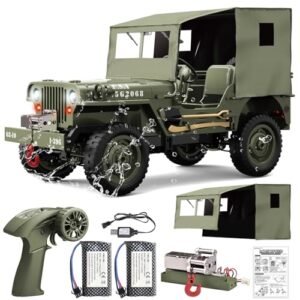 Yiwsnust 1 10 Scale Willys Hobby 4WD RC Military Truck Off Road Crawler with LED Lights and 2 Batteries