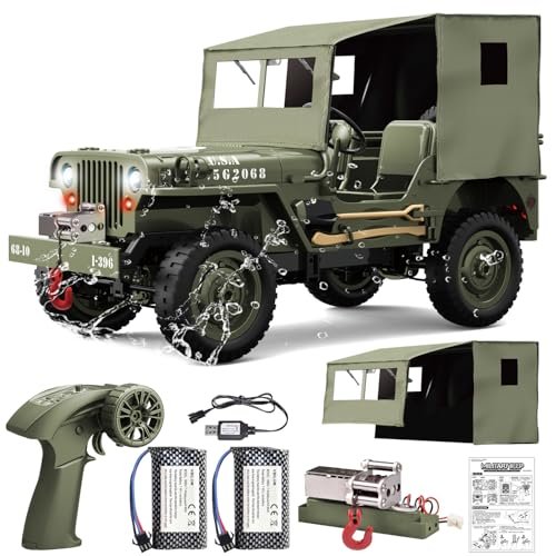 Yiwsnust 1 10 Scale Willys Hobby 4WD RC Military Truck Off Road Crawler with LED Lights and 2 Batteries
