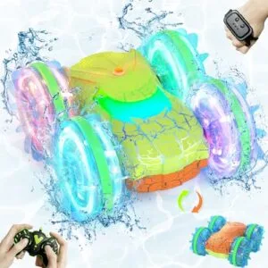 Opmind RC Boat Waterproof Tape Amphibious Remote Control Car for Kids 8-13 2.4GHz 4WD All Terrain Stunt Toy with LED Lights