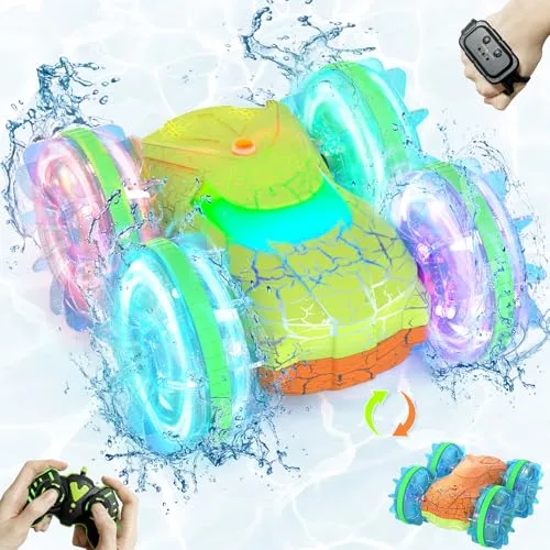 Opmind RC Boat Waterproof Tape Amphibious Remote Control Car for Kids 8-13 2.4GHz 4WD All Terrain Stunt Toy with LED Lights