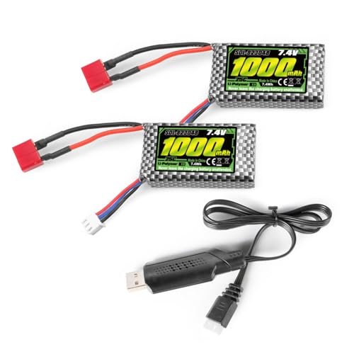 Venom RC Car Battery Charger HAIBOXING 7.4V 1000mAh Li PO Rechargeable Battery for 1/18 RC Trucks 18859 18858 18868 18859A 2196 2197 16889 2pcs T Plug Batteries with USB Charger SDL M16150