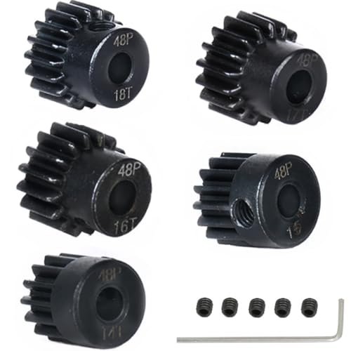 5 pcs Metal Steel 48P 3.175mm Pinion Gear Sets 14T 15T 16T 17T 18T Upgrade Part for RC Caterpillar Dump Truck and 1/10 Arrma HPI Kyosho Losi Axial Tamiya RC Car Monster Truck Buggy Black