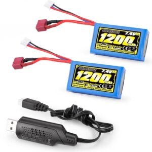 HAIBOXING RC Car T Plug 7.4V 1200mAh Li-PO Rechargeable Battery, 2S RC Trucks Batteries Apply for HBX 16889 & 16890A &16890SA & 3100A 2 Pack Batteries with USB Charger(E782-1200)