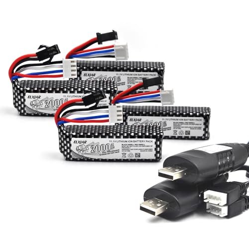 4 Pack 11.1V 2000mAh Rechargeable Li ion Battery Pack SM2P Plug with USB Charging Cable Compatible with Nexstar Select RC Plane WPL RES V 3 ESC 1 16 RC Crawler