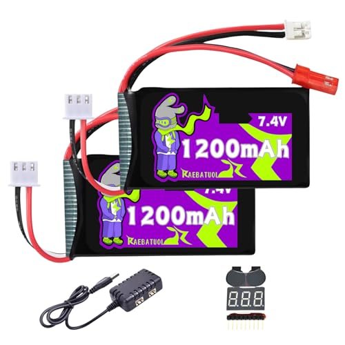 Raebatuol 1200mAh 7.4V LiPo Battery with JST & PH2.0 Plug,2S High Capacity RC Battery Fit for Radiolink RC8X SCX24 A949 959 969 979 WPL MN RC Car Boats Trucks, with Charger and Tester