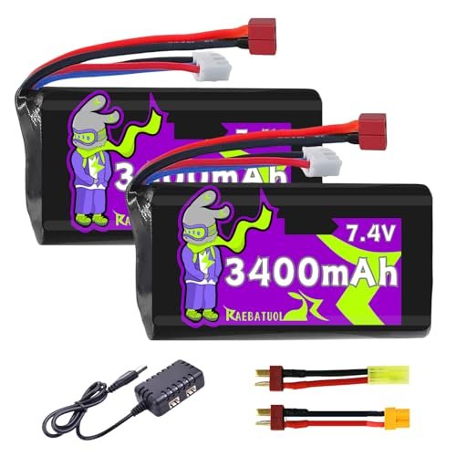 Raebatuol 3400mAh 7.4V Li ion Battery with Dean Style T XT30 MINI Tamiya Plug 2S Rechargeable High Capacity RC Batteries for Tamiya Scale RC Trucks