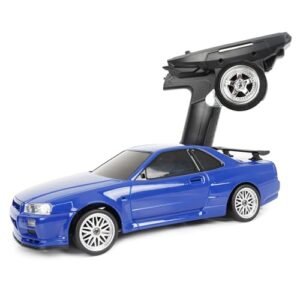 SVERTIBO LD1899 1/18 Scale RC Drift Car, GTR R34 2.4GHz RWD Mini Model Car with Gyro, Alloy Body Shell Racing Cars for Adults Toys (Blue)