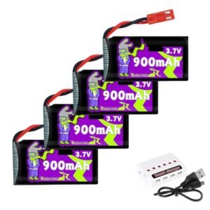 Raebatuol 900mAh 3.7V Lipo Battery with JST Plug for RC Helicopter Viper and Other Drones 4Pcs with Charger