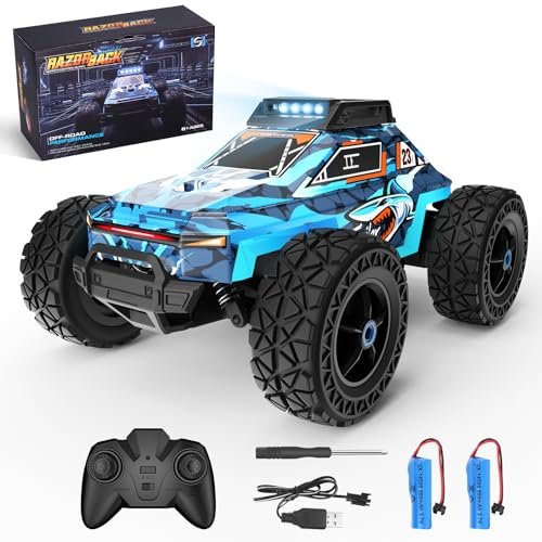 Nousali Remote Control Car, All Terrain Remote Control Truck for Boy, 2.4GHz Rc Car with Led Headlight and Two Rechargeable Batteries, 20KM/H Monster Truck Toys Gift for Adult Boys 8-12