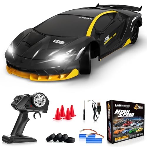 EversaleT RC Drift Remote Control Car with RC Car Tire Sauce 2.4GHz 1/24 4WD 15KM/H High Speed Racing Sport LED Lights Drifting Tire Toy for Adults Boys Girls Kids Gift 2Pcs Rechargeable Batteries