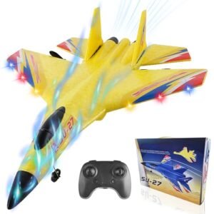 Gravity Gliders RC Foam Trainer Airplane 4 Rotor LED Light 2.4GHZ 2 Channels with Gyro for Beginners Yellow