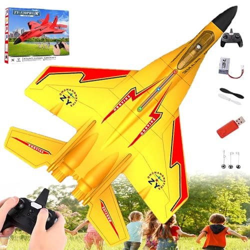Wonstorex RC Jet Hovercraft 2.4GHz Remote Control Fighter Plane with Lights and Automatic Balance Gyro Yellow