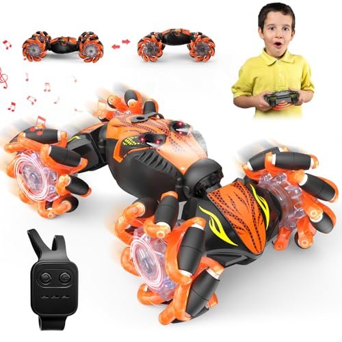 Kidstinct Gesture Sensing RC Stunt Car 4WD 360 Rotate Transform Drift Toy with Lights Music Sprayer for Kids