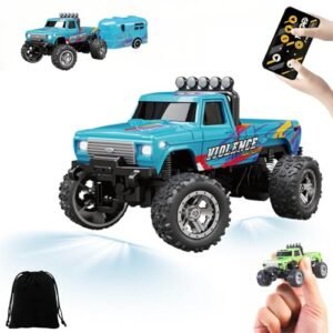 1 64 Scale Mini RC Monster Truck with Customizable Wraps 2.4Ghz Remote Control Rechargeable Alloy Semi Truck with Trailer Speed Adjustable Blue
