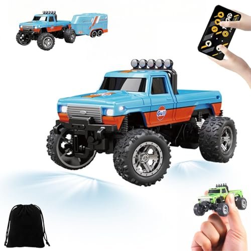 NFL Mini RC Monster Truck 1/64 Scale Remote Control Car with Lights Rechargeable Alloy Semi Truck Speed Adjustable Blue