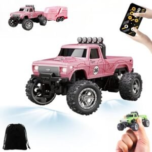RC Mack Semi Truck 1 64 Scale Remote Control Monster Truck with Lights Rechargeable Battery and Alloy Trailer Speed Adjustable Pink
