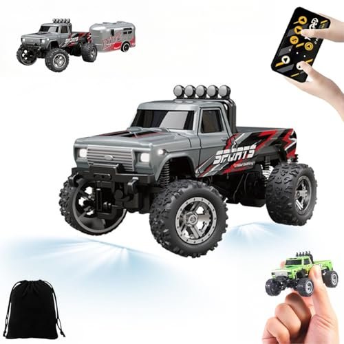 1 64 Scale RC Semi Pulling Truck with Lights and Rechargeable Battery Adjustable Speed Grey Mini Monster Truck