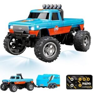 EZBNG Scale Club RC Truck Mini Monster Truck USBC Rechargeable with Trailer 1 64 Scale Remote Control Car with Lights 2 4Ghz Remote Orange Blue