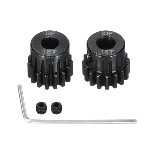 Rebower 2Pcs 32P Steel Pinion Gear Set 15T 16T for 5mm Shaft Hardened Steel Pinion Gear with Screws and Hexagonal Wrench for RC