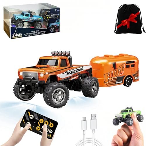 Ford F150 RC Truck with Trailer 1/64 Scale Remote Control Car Rechargeable Mini Monster Truck for Kids Alloy Semi Truck with Adjustable Speed and Lights