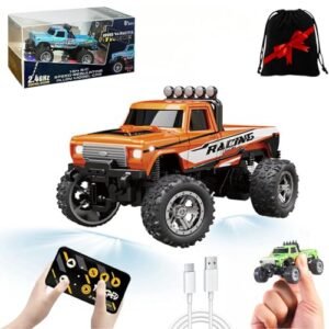 1 64 Scale Mini RC Semi Truck Flatbed Trailer with Lights and 2 4Ghz Remote Control Rechargeable Alloy Monster Truck for Kids Gifts Speed Adjustable Orange