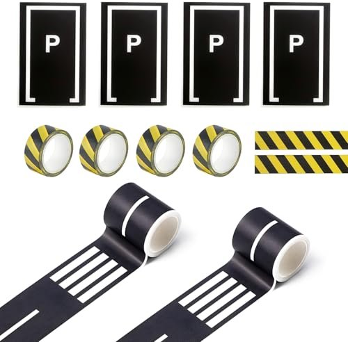 WALWAL Off Road RC Track Tape Set for Toy Cars Includes 2 Rolls Road 4 Rolls Black and Yellow Warning Tape 4 Pcs Parking Stickers