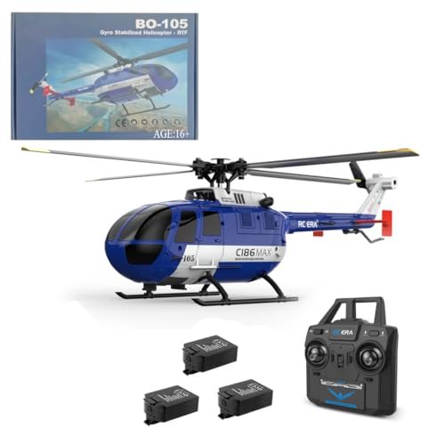 Wooptoothy C186MAX RC Helicopter for Adults, 1:48 2.4G 4CH BO105 RTF Single Flybarless Direct-Drive RC Helicopter Outdoor Optical Flow Positioning 6-axis Gyroscope Low Voltage Alarm (3 Batteries)
