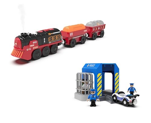 Electric Motorized Train Set with Police Station Accessory Compatible with Thomas Brio Chuggington Wooden Tracks