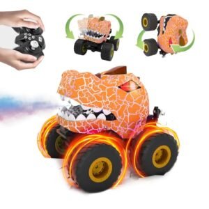 LEFEI RC Monster Truck Monster Jam Dinosaur Remote Control Car for Kids 360 Rotating Stunt Truck with Spray Light Sound All Terrain Toy Orange