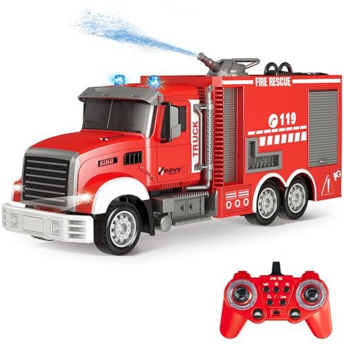 QuirkyGlee 2.4G 11 CH Remote Control Fire RC Truck with Rotating Water Spray LED Lights and Sounds for Kids