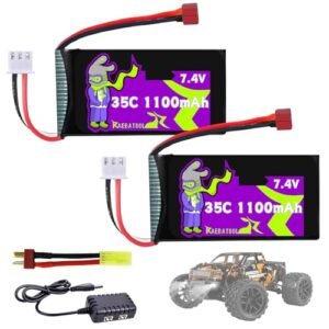 Raebatuol 7.4V 1100mAh 35C T Plug LiPo Battery for HBX 16889 16890A 18690SA 3100A Truck BEZGAR HS181 HM181 HM165 1/16 1/18 4WD Scale RC Car Truck with Charger