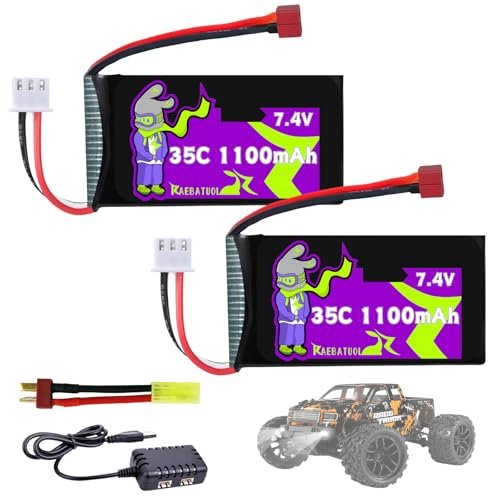 Raebatuol 7.4V 1100mAh 35C T Plug LiPo Battery for HBX 16889 16890A 18690SA 3100A Truck BEZGAR HS181 HM181 HM165 1/16 1/18 4WD Scale RC Car Truck with Charger
