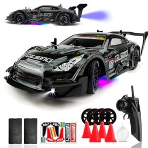HTURCCOP 1 16 RC Drift Car with Custom Rims 2.4GHz Remote Control 4WD LED Lights High Speed 30KM H Water Spray Feature for Adults and Kids Black