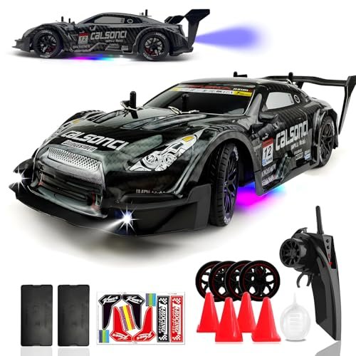 HTURCCOP 1 16 RC Drift Car with Custom Rims 2.4GHz Remote Control 4WD LED Lights High Speed 30KM H Water Spray Feature for Adults and Kids Black