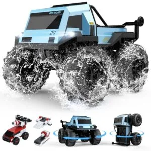 DEERC RC Truck Amphibious Remote Control Car Monster Truck Toys for Boys 8 12 with 360 Spin 4WD All Terrain Off Road Pickup 2.4Ghz 60 Min Playtime Waterproof Pool Toy Gift