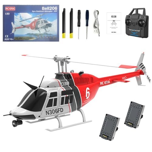 Retropo RC ERA C138 1/30 Scale 206 Helicopter with Optical Tachometer for Adults 2.4G 6CH No Aileron Helicopter Altitude Hold and Optical Flow Positioning 2 Batteries RTF Version Red Black White