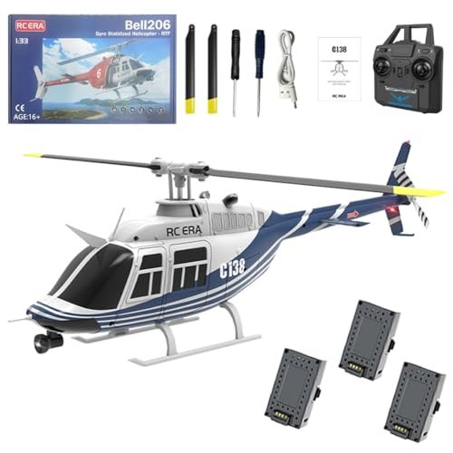 Retropo RC ERA C138 1/30 Scale 206 Helicopter with Throttle Hold for Adults 2.4G 6CH No Aileron Helicopter Altitude Hold Optical Flow Positioning 3 Batteries RTF Version Blue&White