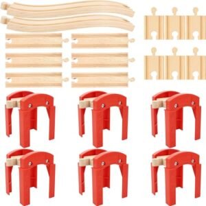 RC Train Status 20 Pack Wooden Train Track Bridge Set with 6 Supports 12 Straight and 2 Ascending Tracks Compatible with Most Brands