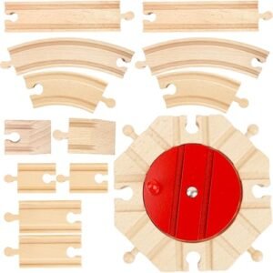 Geotrax Christmas in Toytown RC Train Set 15 Pcs Wooden Train Track Expansion Pack with Rotating Turntables Compatible with Most Railway Sets