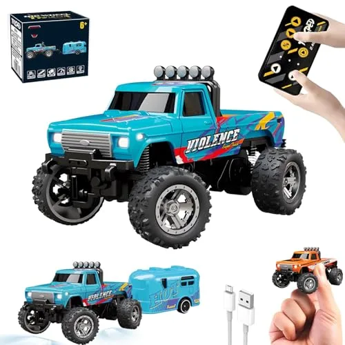 YIZER Lego RC Monster Truck 1/64 Scale Remote Control Car with Lights 2.4Ghz All Terrain Off Road Truck Speed Steering Adjustable Blue