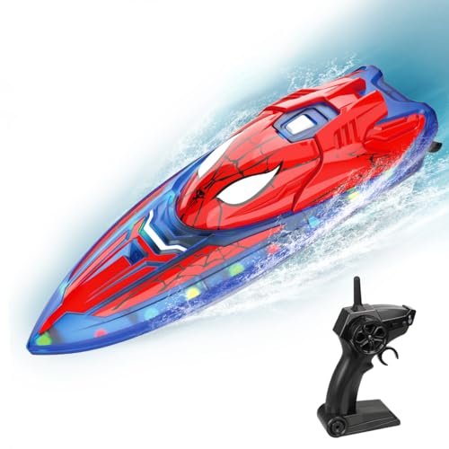 Fullware Spider Hero Rc Canal Boat 2.4 GHZ Remote Control Boat with LED Lights and Rechargeable Batteries for Kids