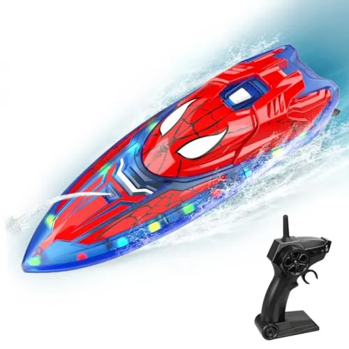 Fullware Spider Hero RC Boat with LED Lights 2.4GHz Remote Control Pool Toy for Kids Includes 2 Rechargeable Batteries and Spray Function