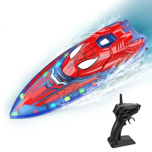 Fullware Spider Hero RC Boat 2.4 GHz Remote Control Pool Toy with LED Lights and Rechargeable Batteries for Kids