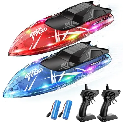TOLLCY 2Pack Body RC Boat with LED Lights 2.4Ghz Remote Control for Kids Waterproof Summer Pool Lake River Toy