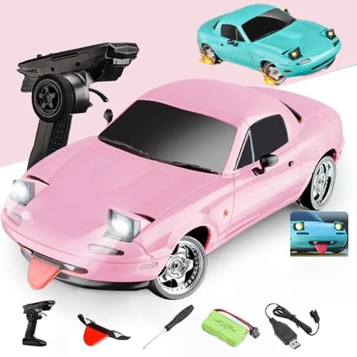 BlinkBuddy 1/18 Pro Drift RC Car with Gyro and Blinking Headlights 2.4ghz Mx 5 Drift RC Cars for Adults Rechargeable 4WD RC Rally Car Pink