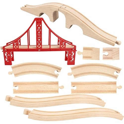 RC Tire Tracks 10 Pack Wooden Train Track Expansion Set with Bridge and Straight Tracks for Enhanced Railway Layouts