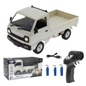 Techretroplay WPL D12 1:16 2.4G Mini RC Car Drift Truck, 4CH RTR Off-Road Pickup Trucks Remote Control Car Climbing Vehicle Cargo Truck with LED Lights for Adults – 3 Battery