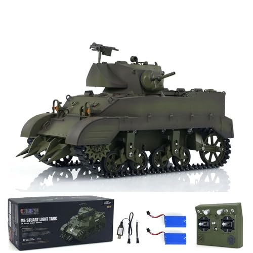 Wheelfun Henglong 1/16 RTR 2 4Ghz RC Tank US M5A1 Stuart VI General Hobby RC Remote Control Light Tank with 360 Degree Turret LED Lights and Smoking Function