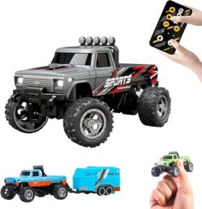 YRounee 1 64 Scale Mini RC Monster Truck Racing Car with LED Lights 2 4GHz Remote Control 3 Speed Adjustable USB Rechargeable Alloy Off Road Toy for Kids and Adults Grey