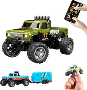 YRounee 1 64 Mini RC Racing Monster Truck with LED Lights 2 4GHz Remote Control 3 Speed Adjustable USB Rechargeable Alloy Truck for Kids Adults Olive Green
